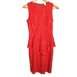Vintage New Bell Floral Lace Flared-Sleeve Keyhole Shift Mini Dress Red M Peplum